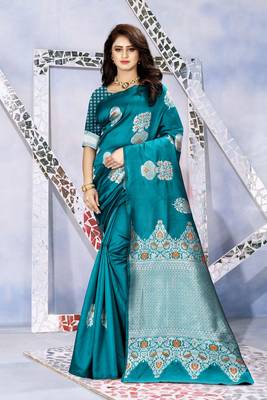 Sky Blue Woven Kanjivaram Silk Saree With Blouse 4