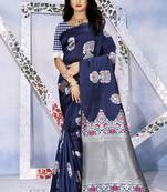 Navy Blue Woven Kanjivaram Silk Saree With Blouse