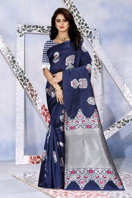 Navy Blue Woven Kanjivaram Silk Saree With Blouse 2