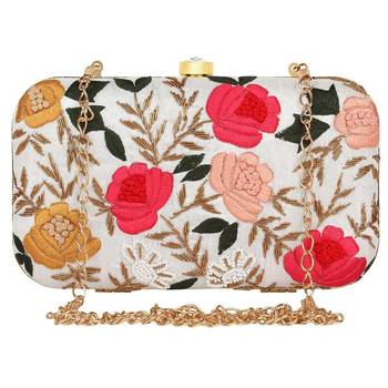 white & Pink Embroidered Box Clutch 1