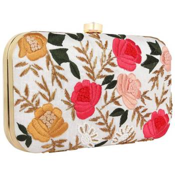 white & Pink Embroidered Box Clutch 3