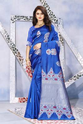 Royal Blue Woven Kanjivaram Silk Saree With Blouse 4