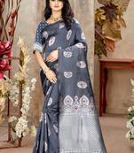 Grey Woven Kanjivaram Silk Saree With Blouse