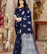 Navy Blue Woven Kanjivaram Silk Saree With Blouse