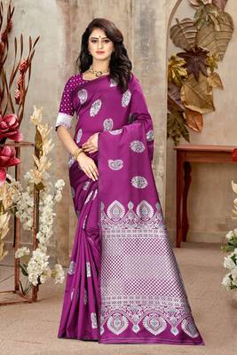 Purple Woven Kanjivaram Silk Saree With Blouse 4