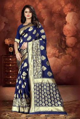 Navy Blue Woven Art Silk Saree With Blouse 1