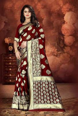 Maroon woven kanjivaram silk saree with blouse 2