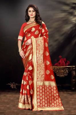 Red Woven Art Silk Saree With Blouse 3