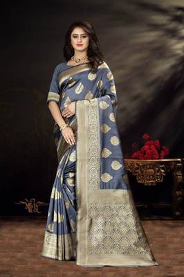 Grey Woven Art Silk Saree With Blouse 5