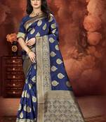 Navy Blue Woven Art Silk Saree With Blouse