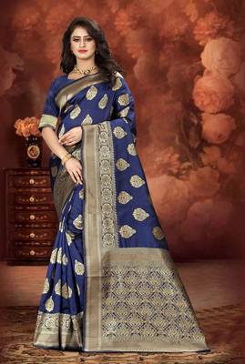 Navy Blue Woven Art Silk Saree With Blouse 5
