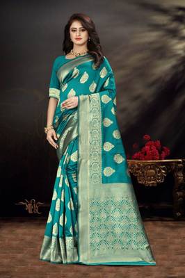 Sea Green Woven Art Silk Saree With Blouse 4