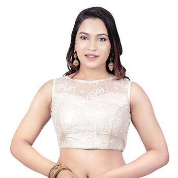 Pearl High Neck Dupion Silk Full Net Padded Princess Cut Sleeveless Readymade Saree Blouse 1