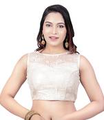 Pearl High Neck Dupion Silk Full Net Padded Princess Cut Sleeveless Readymade Saree Blouse