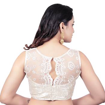 Pearl High Neck Dupion Silk Full Net Padded Princess Cut Sleeveless Readymade Saree Blouse 2