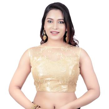 Gold High Neck Dupion Silk Full Net Padded Princess Cut Sleeveless Readymade Saree Blouse 1