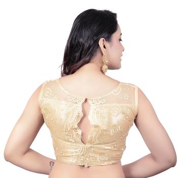 Gold High Neck Dupion Silk Full Net Padded Princess Cut Sleeveless Readymade Saree Blouse 2