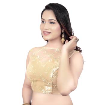 Gold High Neck Dupion Silk Full Net Padded Princess Cut Sleeveless Readymade Saree Blouse 3