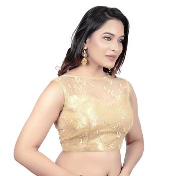 Gold High Neck Dupion Silk Full Net Padded Princess Cut Sleeveless Readymade Saree Blouse 4