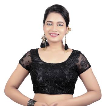 Back Open Art Silk Bright Black Net Short Net Sleeves Princess Cut Padded Readymade Saree Blouse 1