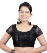 Back Open Art Silk Bright Black Net Short Net Sleeves Princess Cut Padded Readymade Saree Blouse
