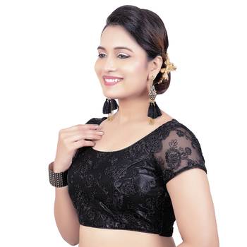Back Open Art Silk Bright Black Net Short Net Sleeves Princess Cut Padded Readymade Saree Blouse 3