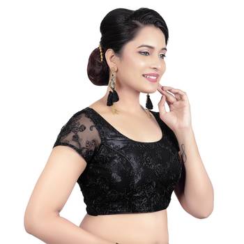 Back Open Art Silk Bright Black Net Short Net Sleeves Princess Cut Padded Readymade Saree Blouse 4