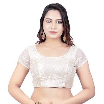 Back Open Art Silk Bright Pearl Net Short Net Sleeves Princess Cut Padded Readymade Saree Blouse 1
