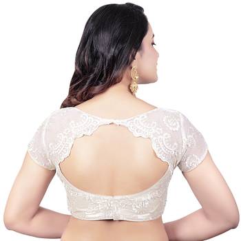 Back Open Art Silk Bright Pearl Net Short Net Sleeves Princess Cut Padded Readymade Saree Blouse 2
