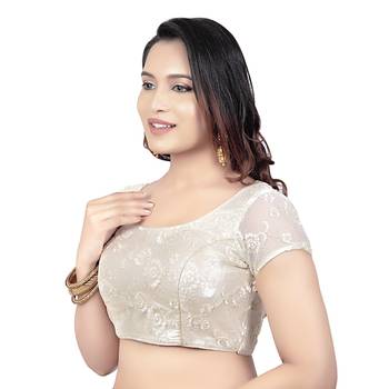 Back Open Art Silk Bright Pearl Net Short Net Sleeves Princess Cut Padded Readymade Saree Blouse 3