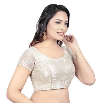 Back Open Art Silk Bright Pearl Net Short Net Sleeves Princess Cut Padded Readymade Saree Blouse 4
