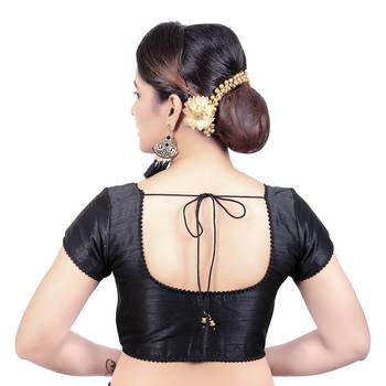 Black Raw Silk Princess Cut Plain Padded Readymade Saree Blouse 2