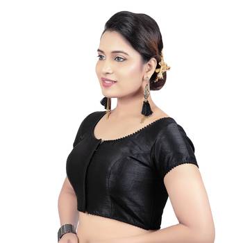 Black Raw Silk Princess Cut Plain Padded Readymade Saree Blouse 3