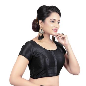 Black Raw Silk Princess Cut Plain Padded Readymade Saree Blouse 4