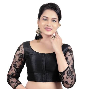 Black Round Neck Dupion Silk 3/4Th Net Sleeves Princess Cut Padded Readymade Saree Blouse 1