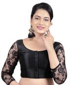 Black Round Neck Dupion Silk 3/4Th Net Sleeves Princess Cut Padded Readymade Saree Blouse