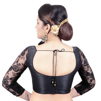 Black Round Neck Dupion Silk 3/4Th Net Sleeves Princess Cut Padded Readymade Saree Blouse 2