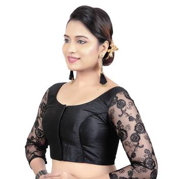 Black Round Neck Dupion Silk 3/4Th Net Sleeves Princess Cut Padded Readymade Saree Blouse 3