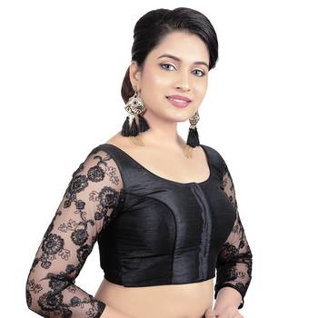 Black Round Neck Dupion Silk 3/4Th Net Sleeves Princess Cut Padded Readymade Saree Blouse 4