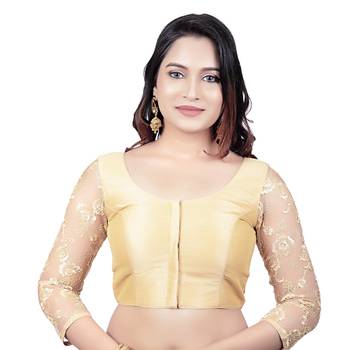 Gold Round Neck Dupion Silk 3/4Th Net Sleeves Princess Cut Padded Readymade Saree Blouse 1