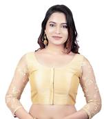 Gold Round Neck Dupion Silk 3/4Th Net Sleeves Princess Cut Padded Readymade Saree Blouse