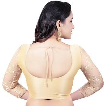 Gold Round Neck Dupion Silk 3/4Th Net Sleeves Princess Cut Padded Readymade Saree Blouse 2