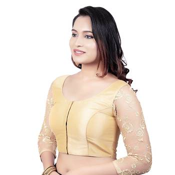 Gold Round Neck Dupion Silk 3/4Th Net Sleeves Princess Cut Padded Readymade Saree Blouse 3