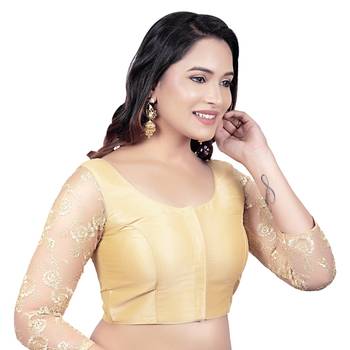 Gold Round Neck Dupion Silk 3/4Th Net Sleeves Princess Cut Padded Readymade Saree Blouse 4