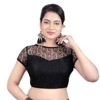 High Neck Black Dupion Silk Full Net Padded Princess Cut Short Sleeves Readymade Saree Blouse 1