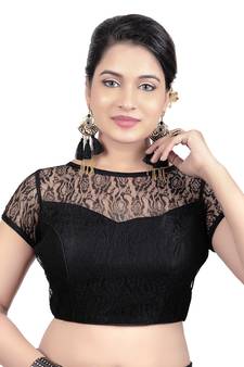 High Neck Black Dupion Silk Full Net Padded Princess Cut Short Sleeves Readymade Saree Blouse