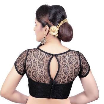 High Neck Black Dupion Silk Full Net Padded Princess Cut Short Sleeves Readymade Saree Blouse 2