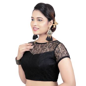 High Neck Black Dupion Silk Full Net Padded Princess Cut Short Sleeves Readymade Saree Blouse 3