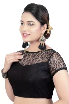 High Neck Black Dupion Silk Full Net Padded Princess Cut Short Sleeves Readymade Saree Blouse