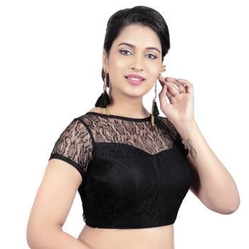 High Neck Black Dupion Silk Full Net Padded Princess Cut Short Sleeves Readymade Saree Blouse 4